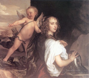 バロック Painting - キューピッドを伴ったエルミニアとしての少女の肖像 バロック時代の宮廷画家アンソニー・ヴァン・ダイク